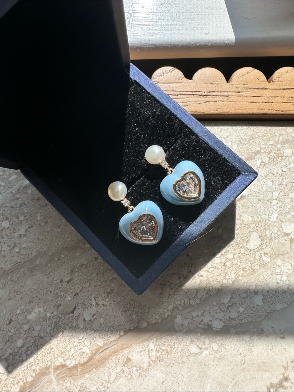 Genuine Pearl Drop Blue Heart Dangle Earrings